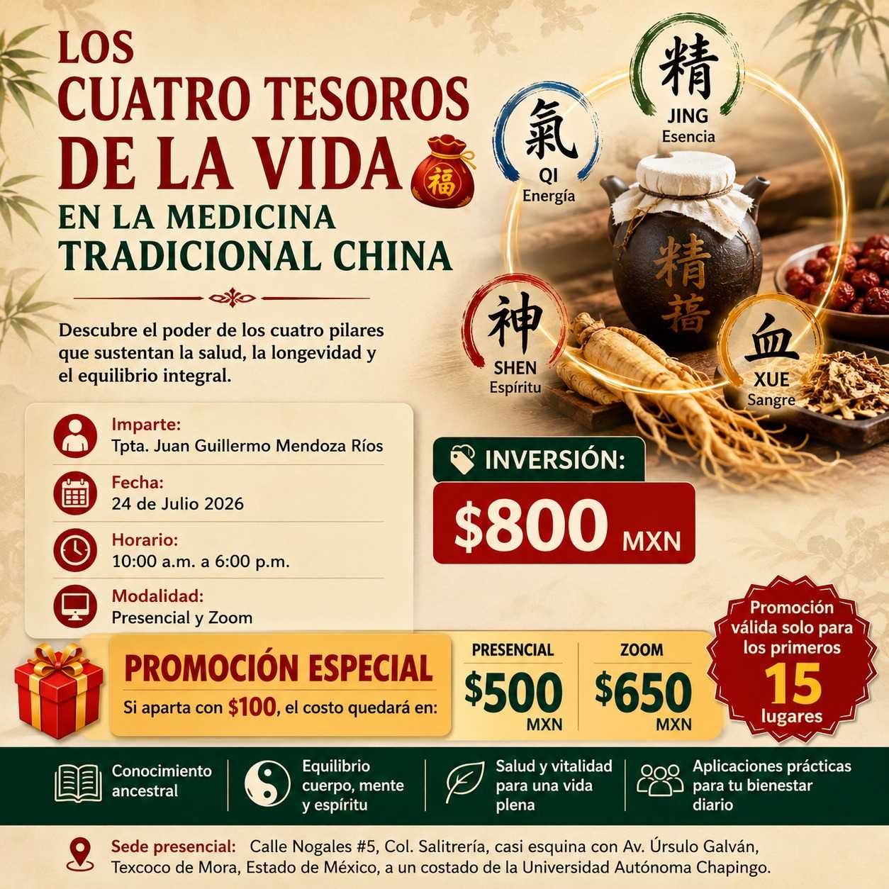 banner para LOS CUATRO TESOROS DE LA VIDA EN LA MEDICINA TRADICIONAL CHINA